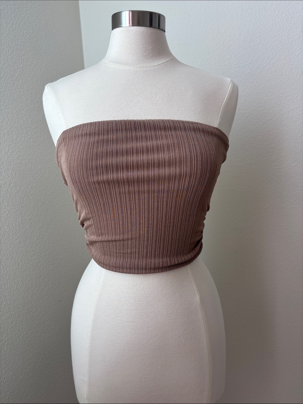 naked wardrobe Ribbed Strapless Crop Top - Taupe Brown